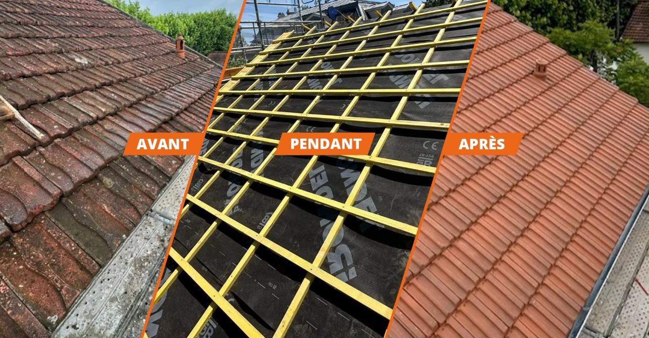 Rénovation de toiture en tuiles, avant / pendant / après